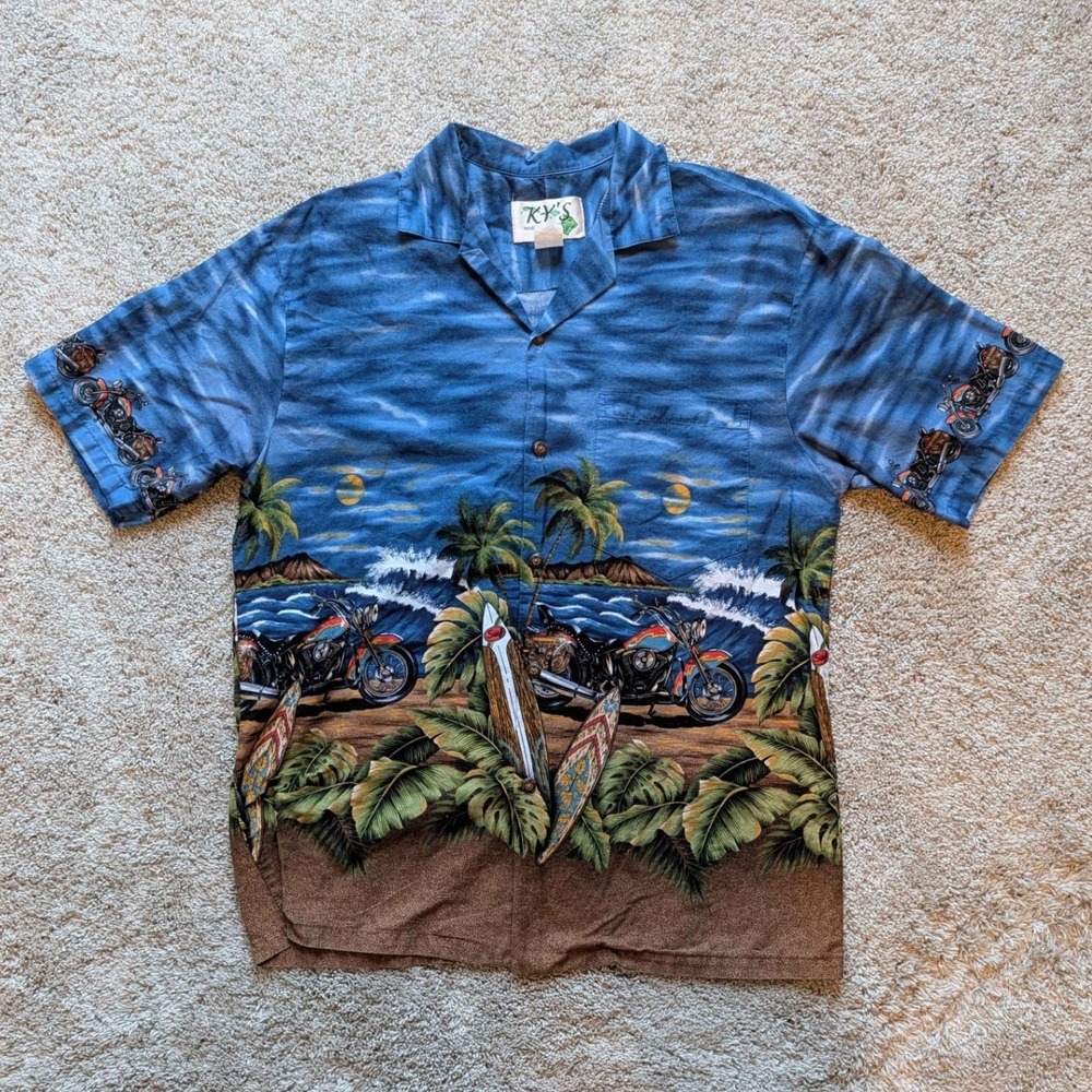 KY'S Hawaiian Shirt Mens Medium Blue Motorcycle Surfboard‎ Beach Made in USA